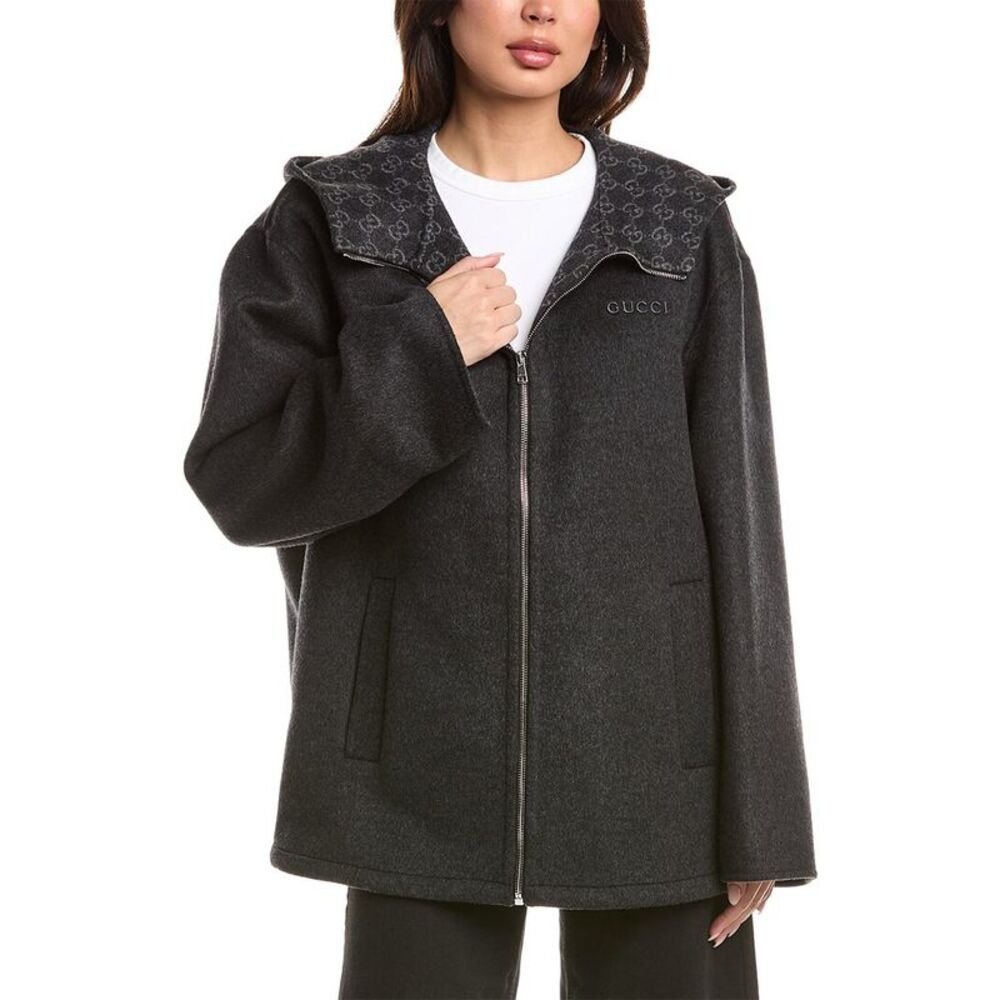 Gucci Womens Caban Gg Double Wool-Blend Coat, Gray